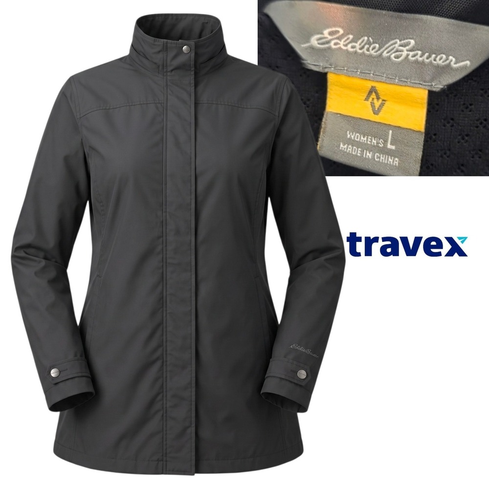 Eddie Bauer Travex Jacket Womens L Black Full Zip Snap Front Lightweight Coat